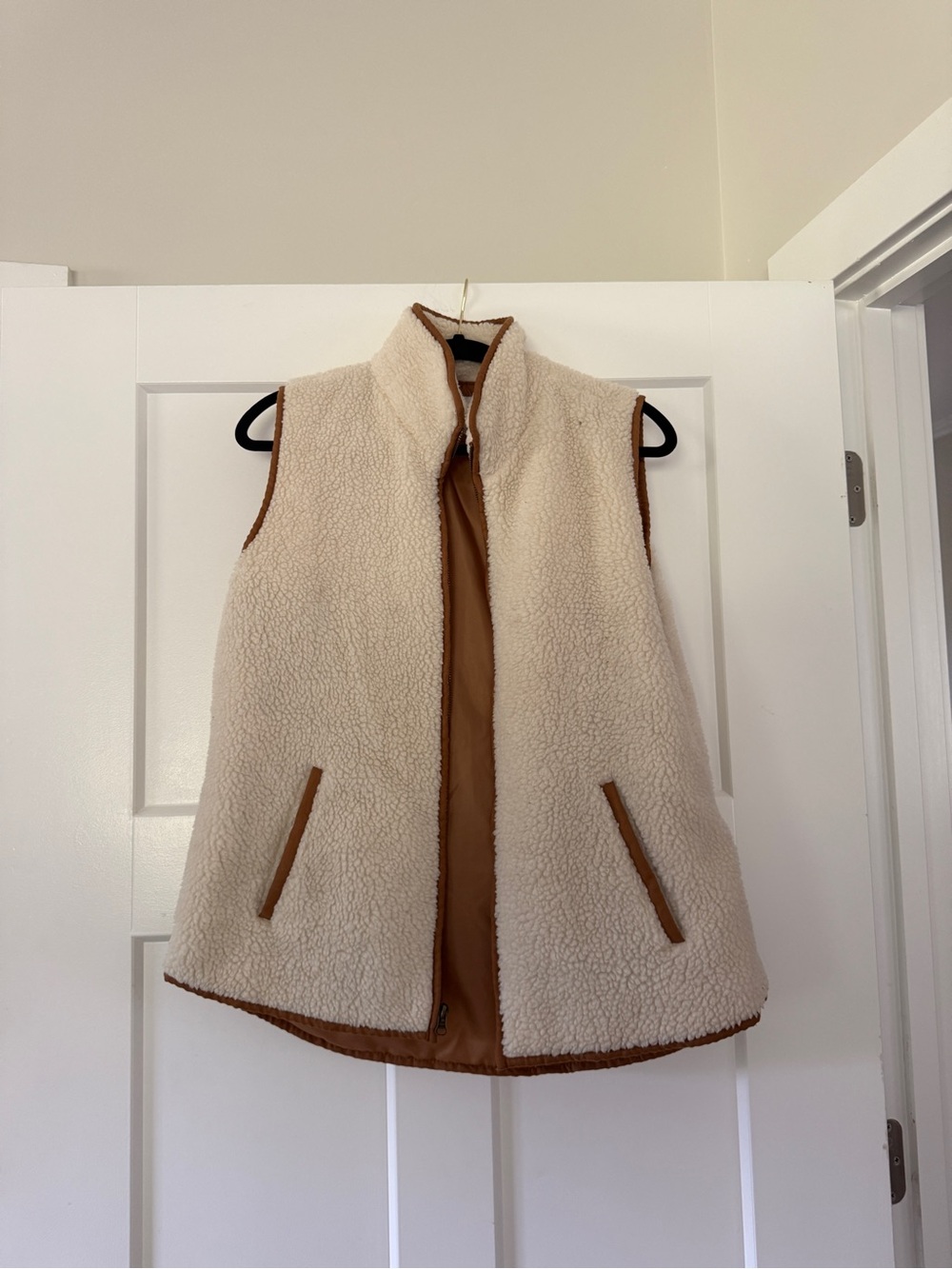 Old Navy Cream Sherpa Vest with Brown Trim